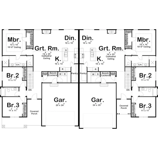 Craftsman House Plan First Floor - Webster Craftsman Duplex 123D-0335 | House Plans and More