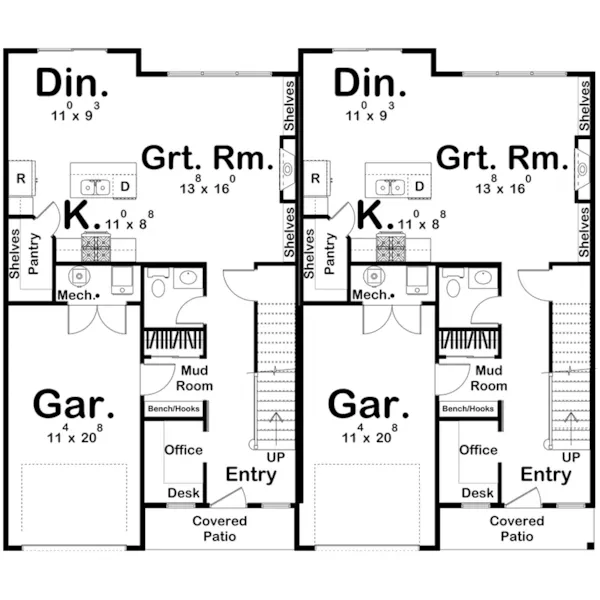 First Floor - Wood Valley Farmhouse Duplex 123D-0344 | House Plans and More