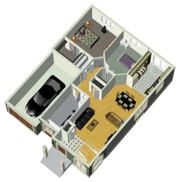 Colonial House Plan 3D First Floor - Redoak Ranch Home 126D-0423 - Shop House Plans and More