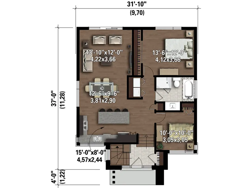 Prairie House Plan 3D First Floor - Ely Modern Prairie Home 126D-0513 - Search House Plans and More