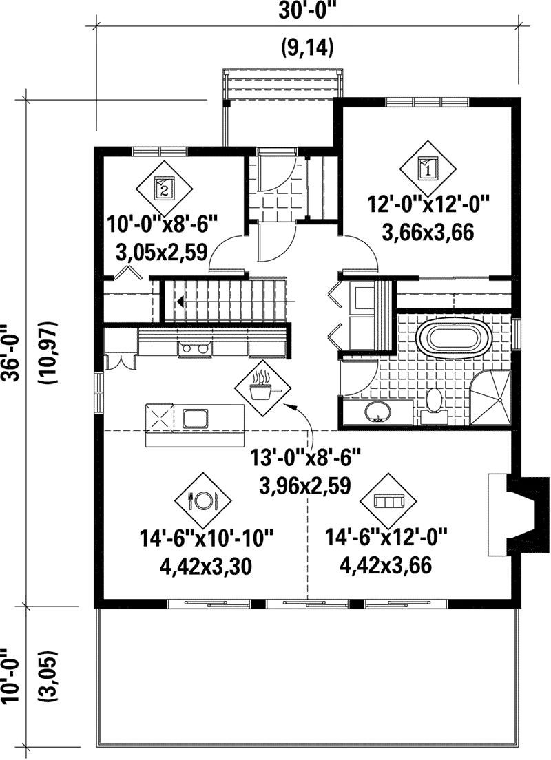 Arts & Crafts House Plan First Floor - Castaway Cove Lake Cabin 126D-0998 - Search House Plans and More
