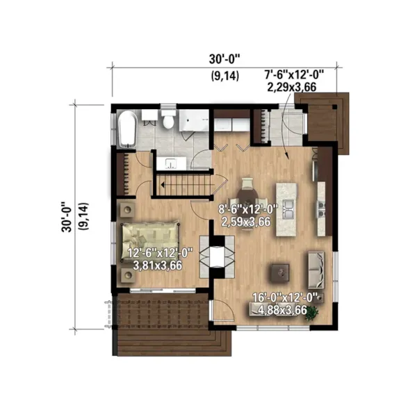 Rustic House Plan 3D First Floor - Mohican Rustic Modern Cabin 126D-1012 - Shop House Plans and More