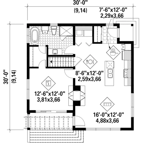 Rustic House Plan First Floor - Mohican Rustic Modern Cabin 126D-1012 - Shop House Plans and More