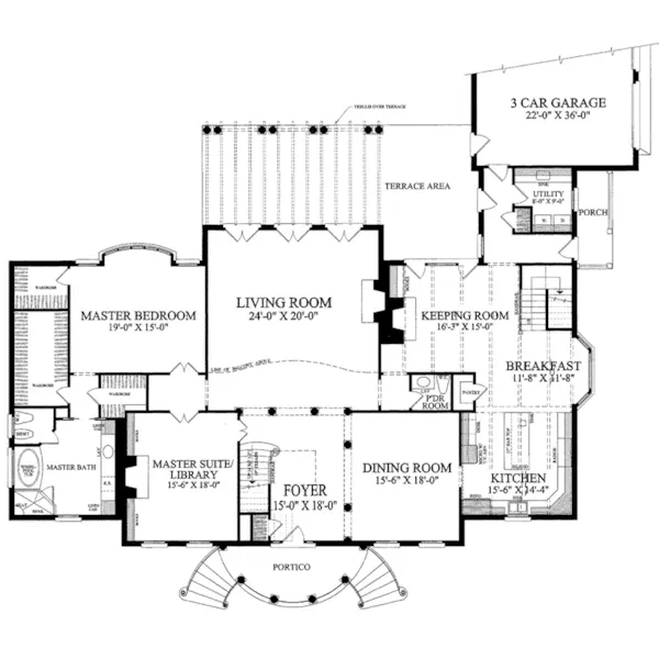 Southern Plantation House Plan First Floor - Staunton Hill Colonial Home 128D-0006 - Shop House Plans and More