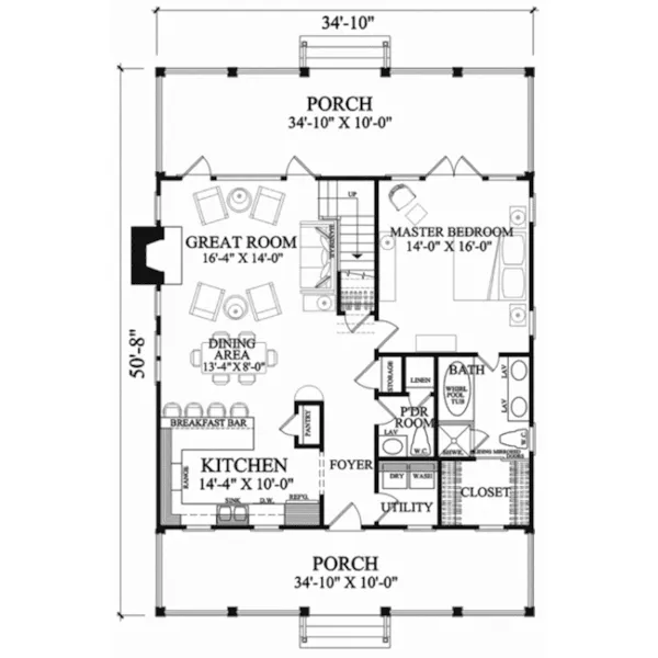 Lowcountry House Plan First Floor - Bluebell Cottage Country Home 128D-0166 - Shop House Plans and More