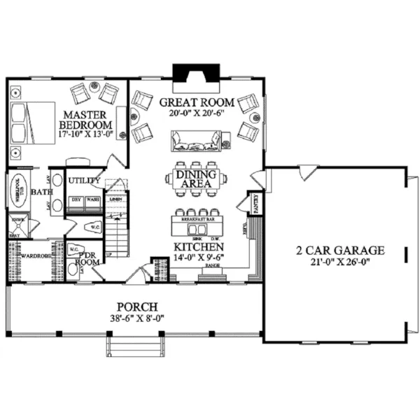 Acadian House Plan First Floor - Halfpenny Cottage Country Home 128D-0211 - Shop House Plans and More