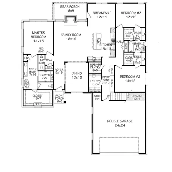 Ranch House Plan First Floor - Malcolm Mill Ranch Home 141D-0034 - Shop House Plans and More