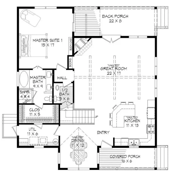 Farmhouse Plan First Floor - River Edge Craftsman Home 141D-0084 - Shop House Plans and More