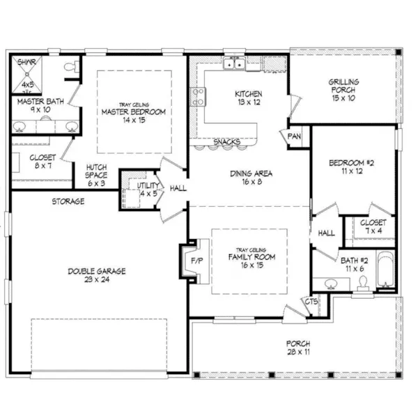 Ranch House Plan First Floor - Siegel Ranch Home 141D-0143 - Shop House Plans and More