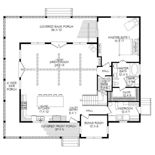 Craftsman House Plan First Floor - Howell Vista Rustic Home 141D-0163 - Shop House Plans and More