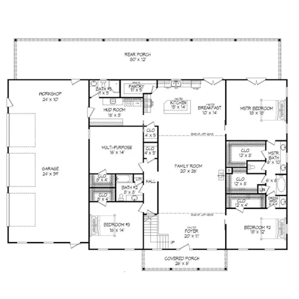 Ranch House Plan First Floor - Hullary Ranch Home 141D-0198 - Shop House Plans and More