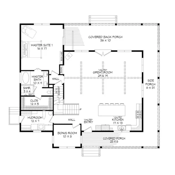 Waterfront House Plan First Floor - Strawberry Creek Country Home 141D-0262 - Shop House Plans and More