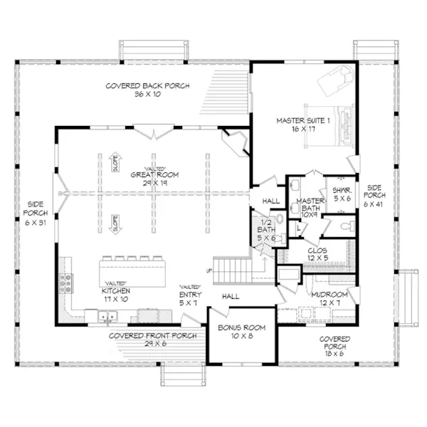 Farmhouse Plan First Floor - Mountain Shadow Farmhouse 141D-0603 | House Plans and More