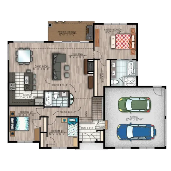 Ranch House Plan 3D First Floor - Smithsville Traditional Home 148D-0036 - Shop House Plans and More