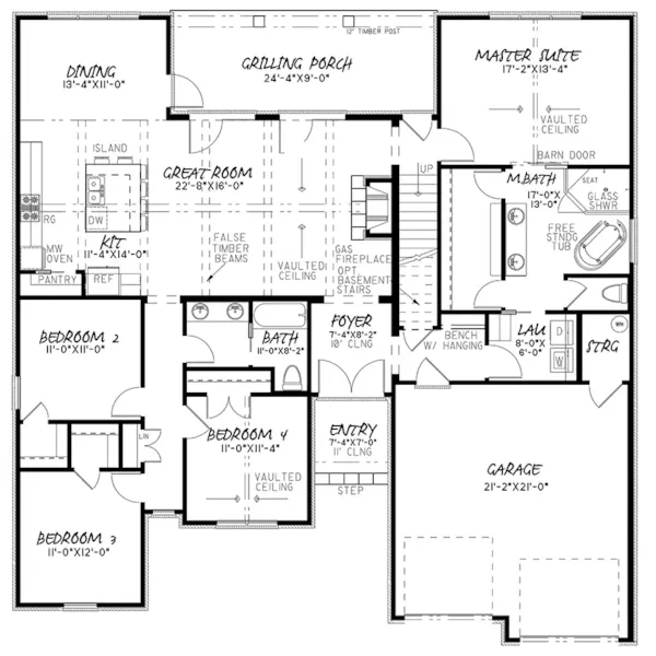 European House Plan First Floor - Dyson Falls Tudor Ranch Home 155D-0048 - Search House Plans and More