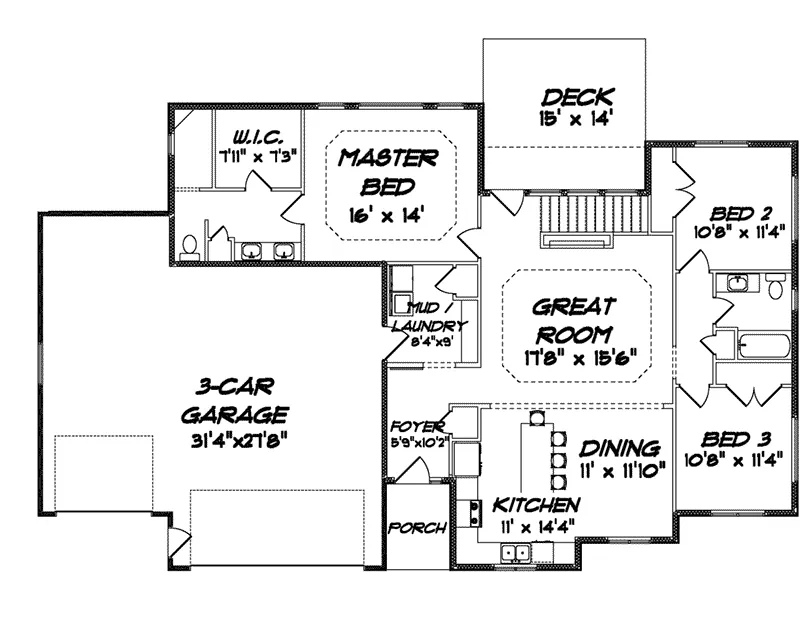 Traditional House Plan First Floor - Camille Court Ranch Home 159D-0003 - Search House Plans and More