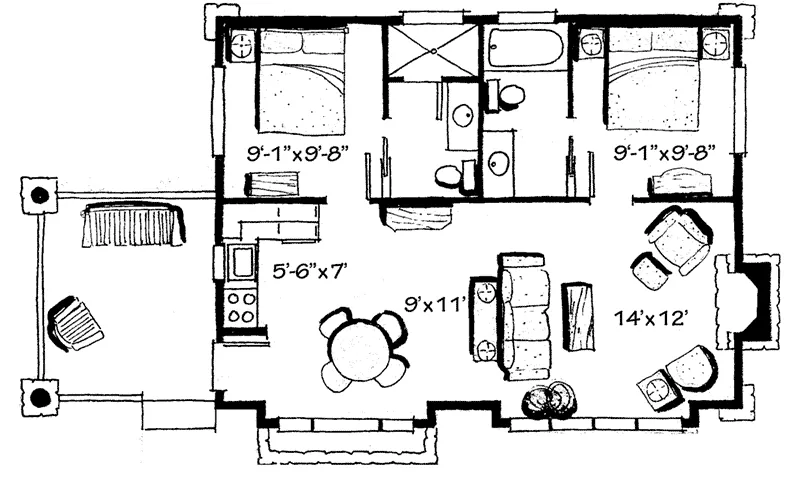 Ranch House Plan First Floor - Cub Creek Rustic Small Home 163D-0004 - Search House Plans and More