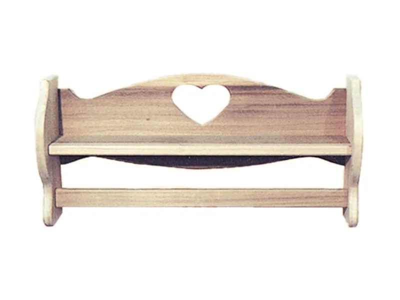 This towel bar with shelf has a heart carved out for charm and is great for any country style bathroom