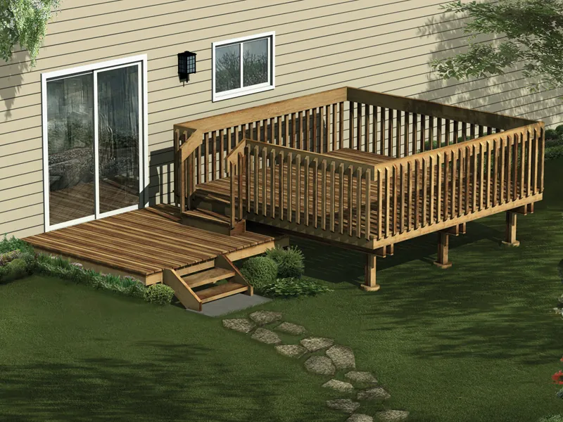 This all wood deck is designed for two level with the top level surrounded by railings