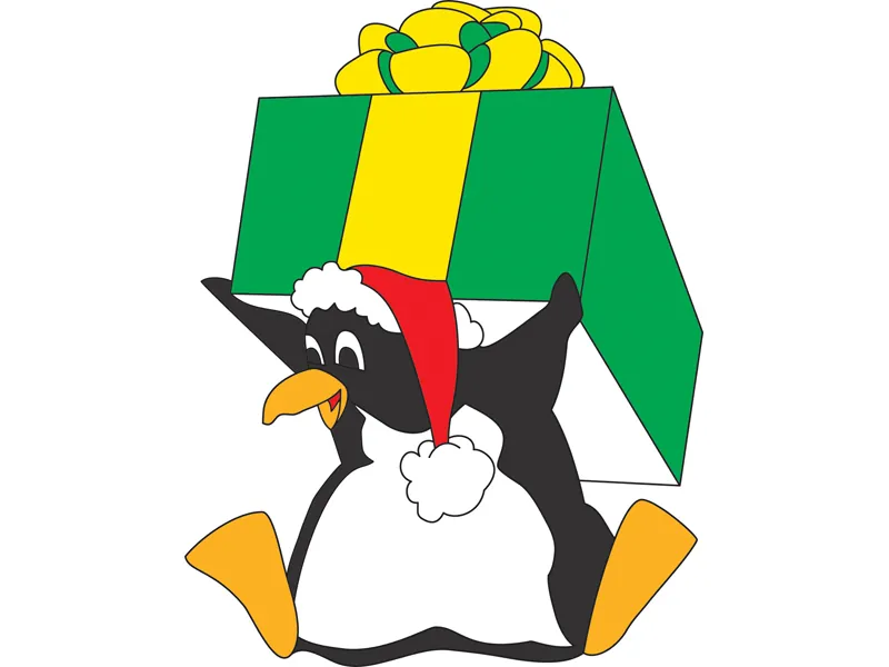 Festive pattern with penguin hlding gift box on head