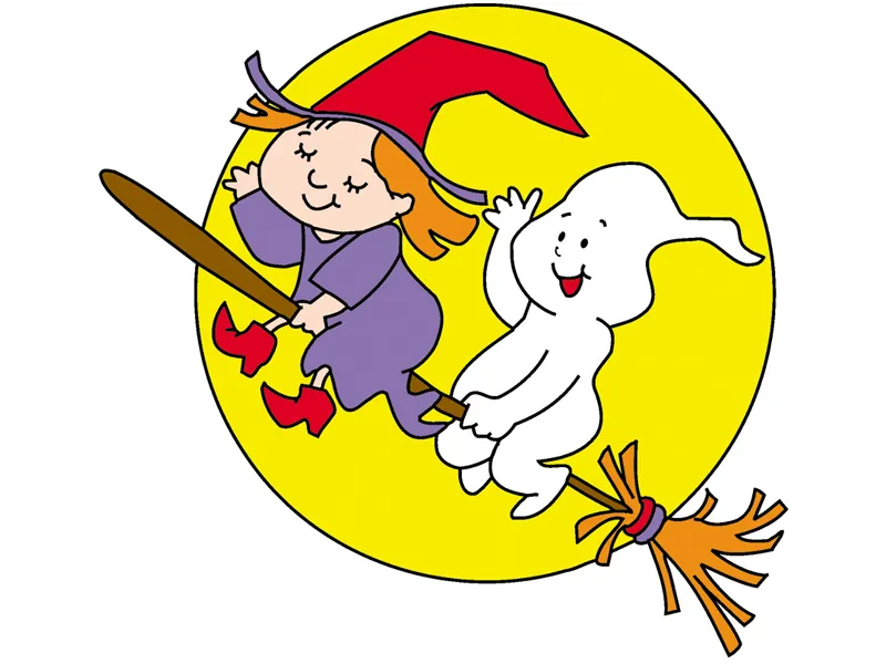 Witch and ghost on broom with large moon behind
