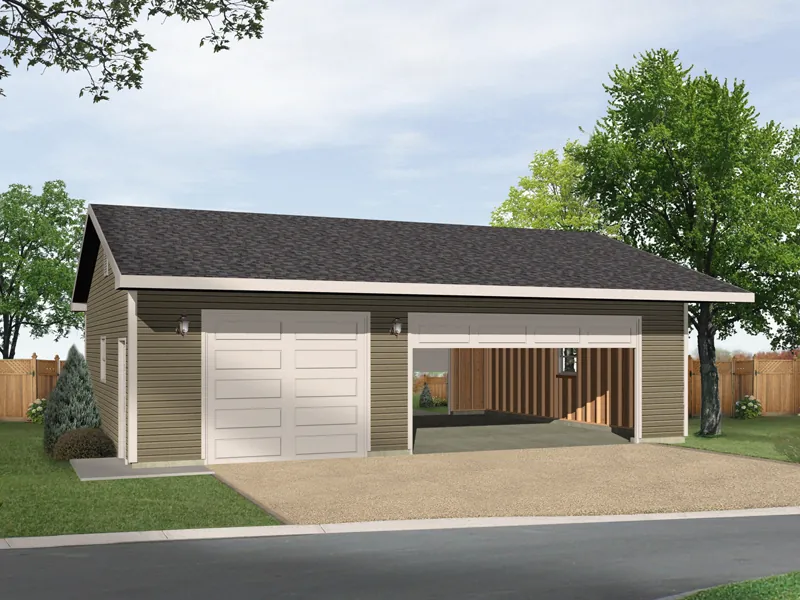 Three-car garage has drive through design and would look great with any house plan