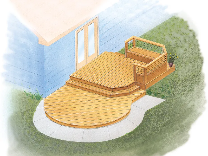 Contemporary curved deck has three sections and level and one with a railing