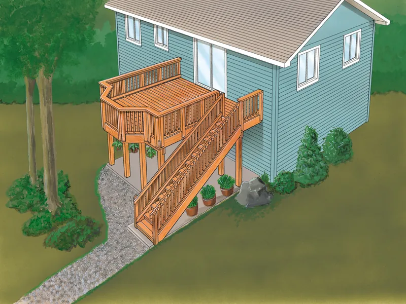 Split-level deck has a bayed deck space and stairs to the ground level