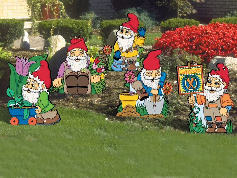 A collection of five garden gnomes is a favorite yard art pattern group 