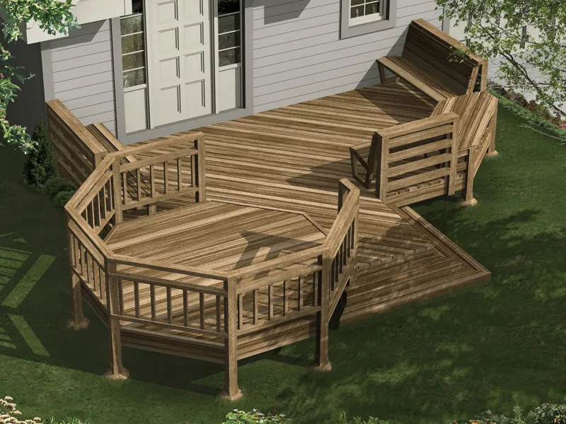 Large deck has multiple levels for added interest to the backyard