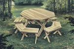 Octagon-shaped wood picnic table with matching benches around it
