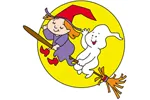 Witch and ghost on broom with large moon behind