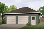 Two-car drive-through garage has an attractive hip roof design and front entry door